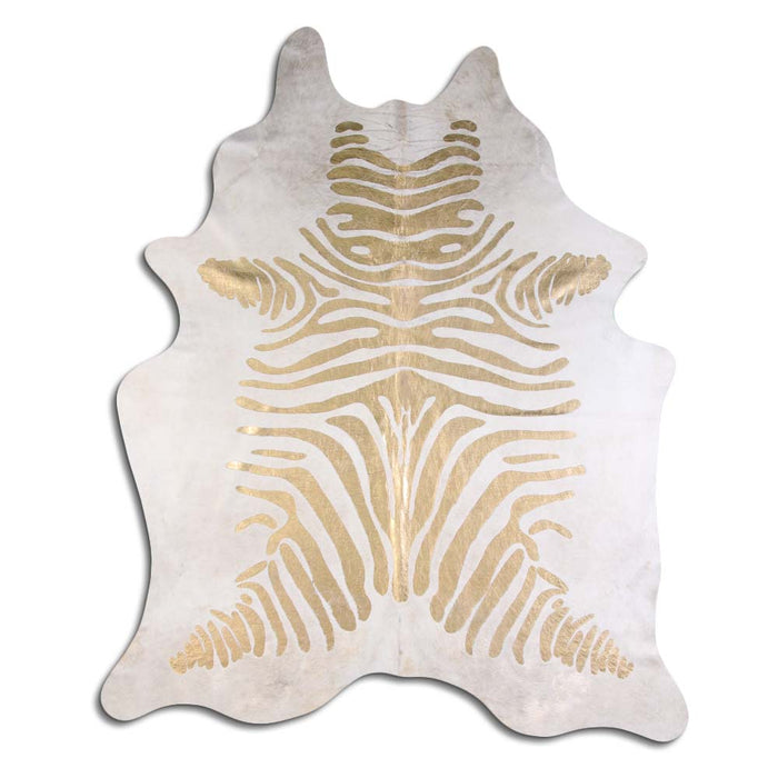 Hair-On Cowhide Rug Gold Metallic Zebra On White