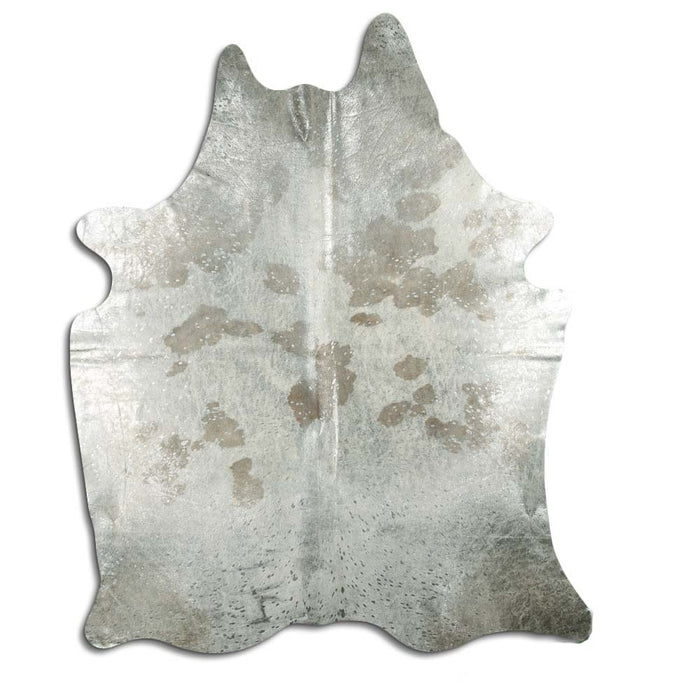 Hair-On Cowhide Rug Silver Metallic On Brown And White