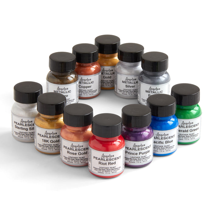 Angelus Acrylic Leather Paint Set - Metallic and Pearlescent, Assorted  Colors, Set of 12 