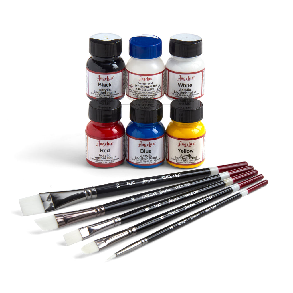  Angelus Leather Paint Kit- Basics Starter Kit Includes 5 Paints,  Prep, & 5 Piece Paint Brush Set