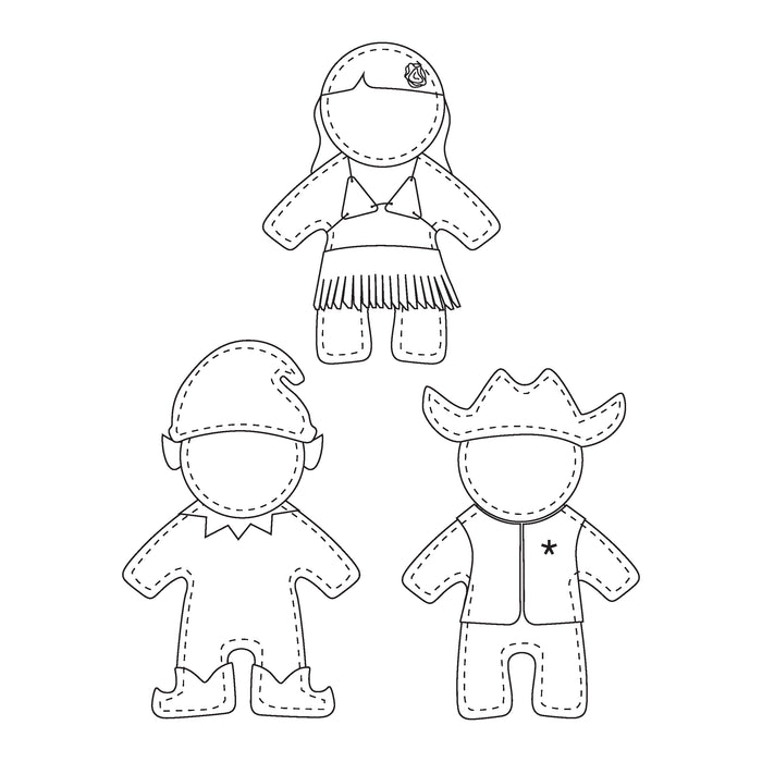 Black and white line art of three paper dolls with different hats on a white background
