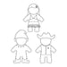 Black and white line art of three paper dolls with different hats on a white background