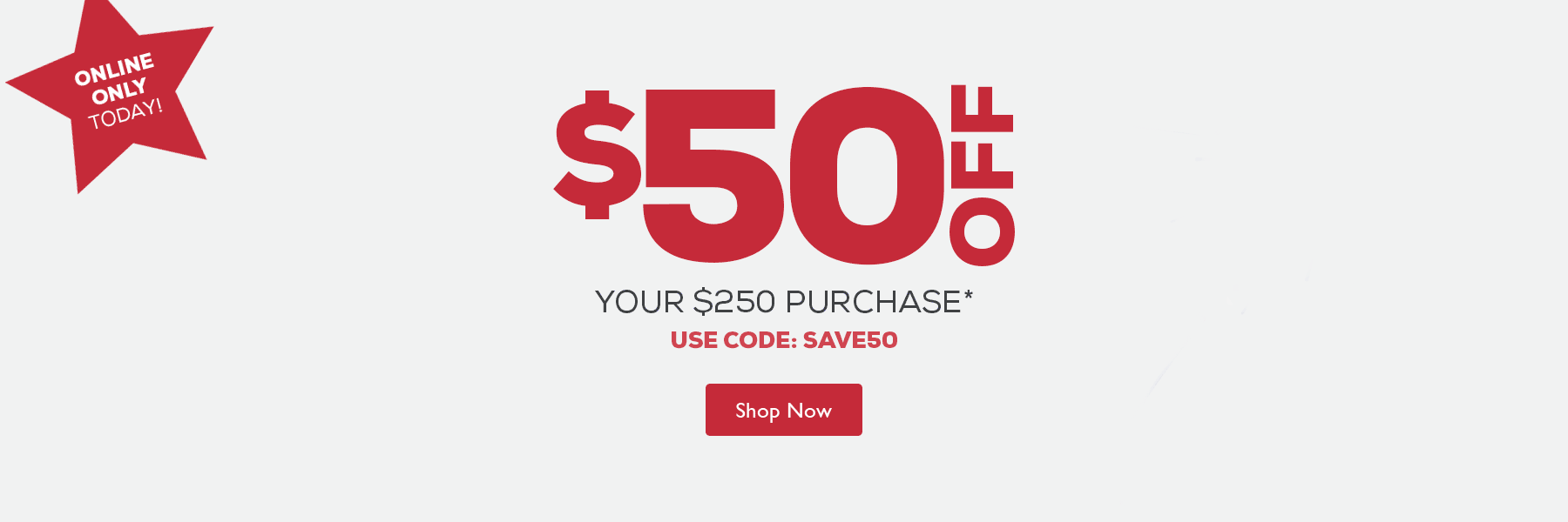 ONLINE ONLY TODAY! $50OFF YOUR $250 PURCHASE. USE CODE: SAVE50 SHOP NOW - WHITE BACKGROUND WITH FIREWORK GRAPHICS AND RED TEXT
