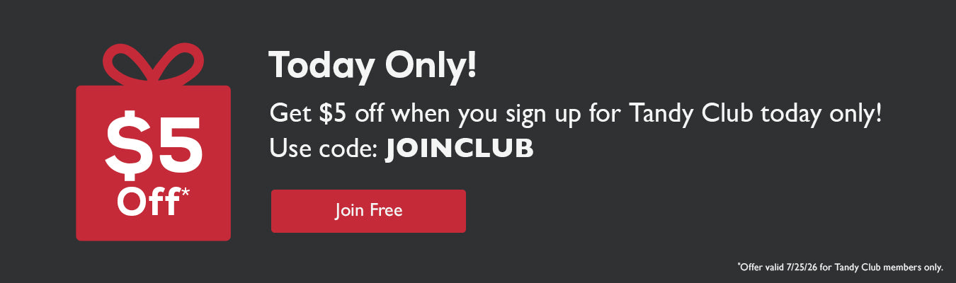 Promotional banner for Tandy Club offering $5 off with a join code of JOINCLUB, featuring a red shopping bag icon and a red 'Join Free' button on a dark gray background.
