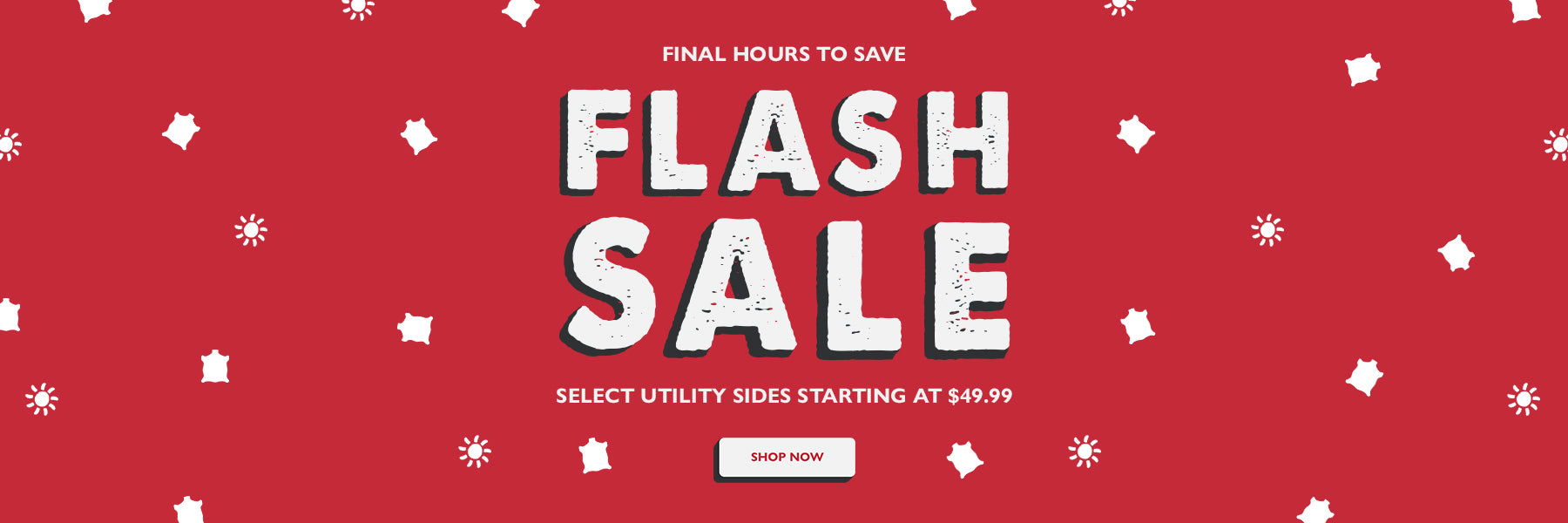 A promotional sale banner with a bright red background, white decorative snowflake-like shapes, and large centered text reading 'FLASH SALE' with smaller text above and below and a small 'SHOP NOW' button.