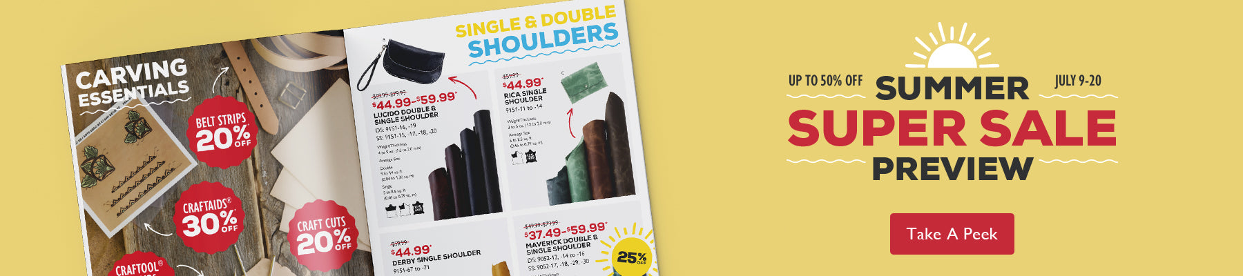 UP TO 50% OFF JULY 9-20 SUMMER SUPER SALE PREVIEW - Catalog on yellow background