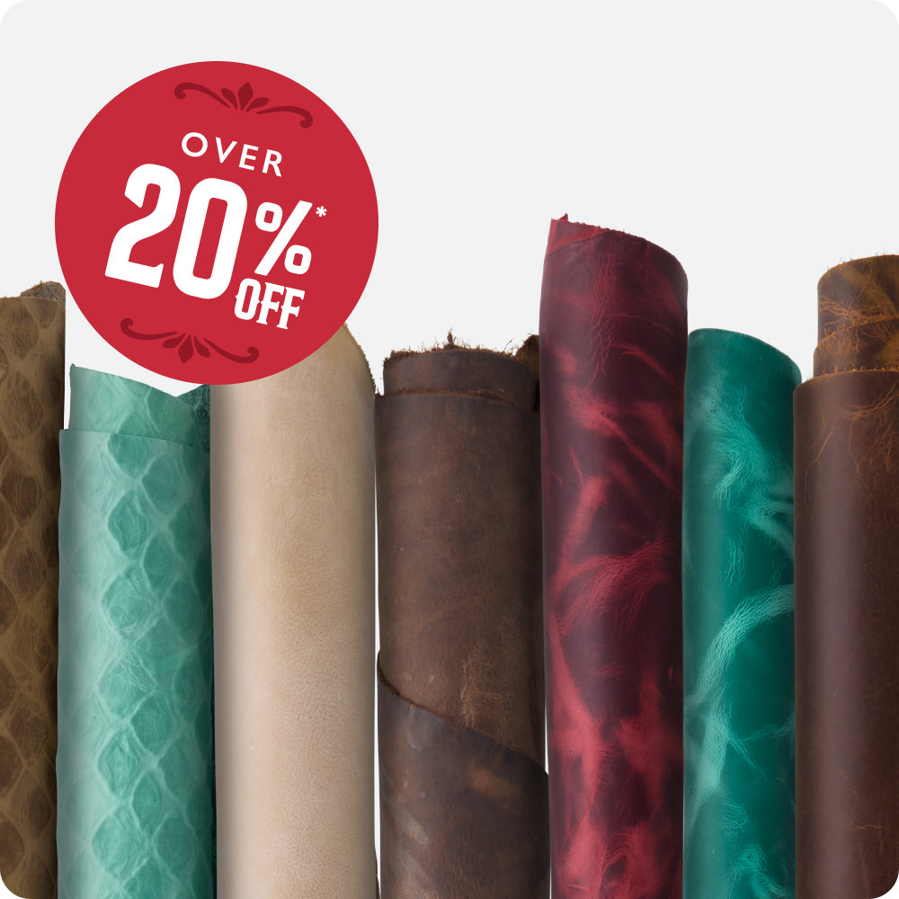A promotional graphic showing several rolled chrome-tan leather in different colors and textures, with a large red circular badge reading 'OVER 20% OFF' on a light gray background.