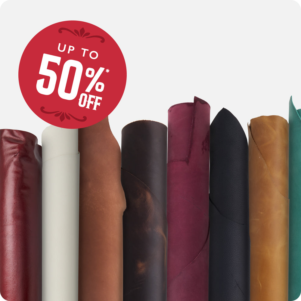 A promotional graphic showing several rolled utility leather in different colors, with a large red circular badge reading 'UP TO 50% OFF' on a light gray background.