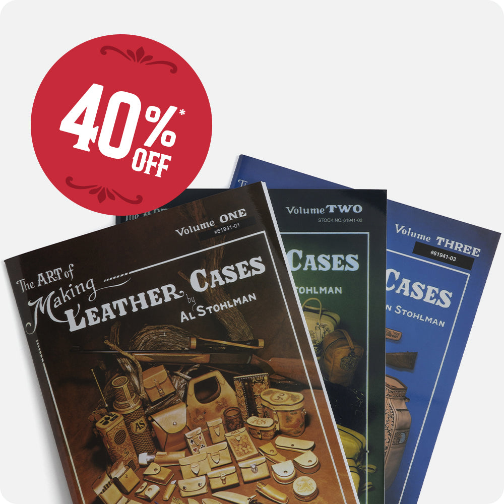 Three vintage-style leatherworking books by Al Stohman are fanned out on a light gray background, with a red circular '40% OFF' sale badge overlaid in the top left. The books are titled 'The Art of Making Leather Cases' and show Volume One in brown, Volume Two in dark green, and Volume Three in blue.