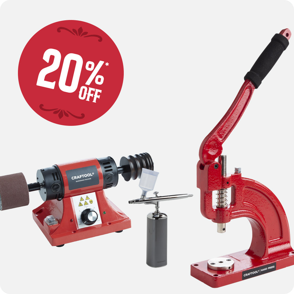 A promotional product image showing three red Craftool hand tools on a light gray background: a rotary buffing machine with a sanding wheel, a small airbrush, and a red hand press. A red circular badge in the upper left reads '20% OFF'.