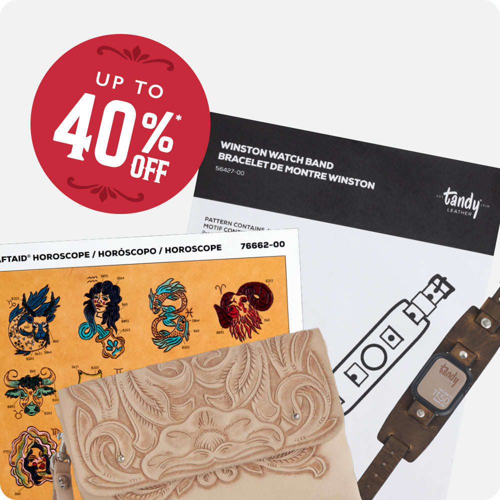 A promotional collage showing a custom engraved leather watch band, a printed pattern sheet with colorful horoscope illustrations, and a red circular sale sticker reading 'UP TO 40% OFF'. The watch band has a brown leather strap with silver hardware and a central dial engraved with 'Winston'.