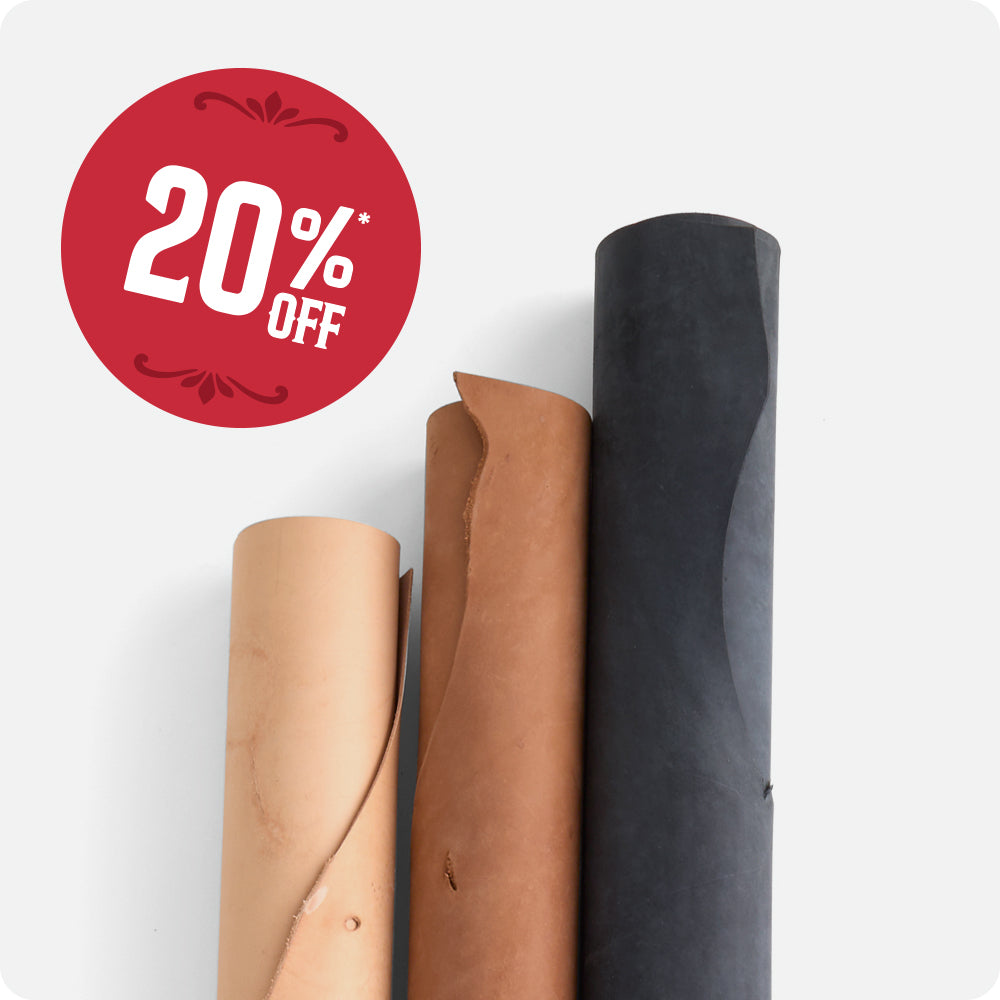Three rolls of veg-tan leather in beige, tan, and black, shown on a light gray background with a red circular '20% OFF' sale badge in the top left.