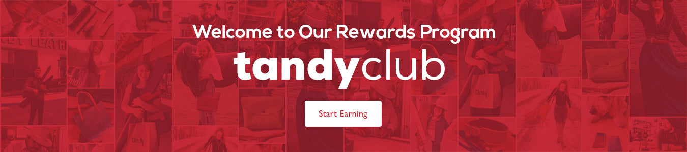A promotional banner for the 'tandyclub' rewards program, featuring white text on a red-tinted collage background with a 'Start Earning' button.